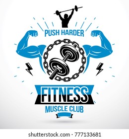 Disc weight dumbbell surrounded by steel chain and composed with muscular athletic biceps arms. Gym conceptual vector emblem