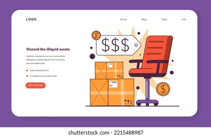 Discard the illiquid assets web banner or landing page. Effective financial tips for entrepreneur in conditions of economic stagnation. Business-saving actions. Flat vector illustration