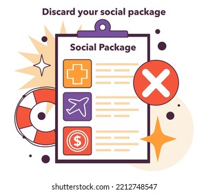 Descartar tu paquete social. Optimización financiera efectiva para emprendedores en condiciones de estancamiento económico. La actividad económica disminuye, las acciones para salvar a las empresas. Ilustración vectorial plana