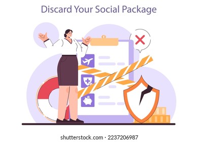 Discard your social package. Effective financial optimization for entrepreneur in conditions of economic stagnation. Economic activity decline, business-saving actions. Flat vector illustration