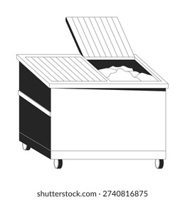 Discarded belongings in open dumpster 2D line object. Clothing waste pile. Fast fashion. Textile disposal donate. Trash container isolated clipart vector ink outline item. Monochrome spot illustration