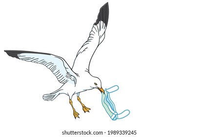 Discarded face masks pose deadly hazard to wildlife, such as seagulls, monkeys, Save the World and Environment during the coronavirus outbreak concept. Illustration in vector isolated on background.