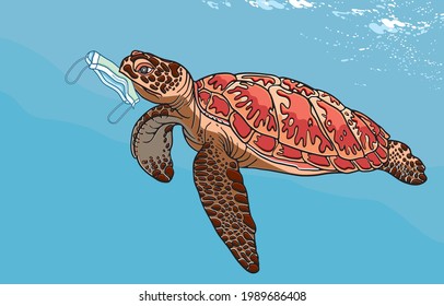 Las mascarillas desechadas representan un peligro mortal para la vida silvestre y los animales acuáticos, las tortugas marinas se ven amenazadas debido a las actividades humanas, durante el concepto de brote de coronavirus. Ilustración, Arte en vector.