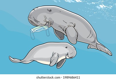 Discarded face masks pose deadly hazard to wildlife and aquatic animals, dugong are threatened due to human activities, during the coronavirus outbreak concept. Illustration, Art in vector.