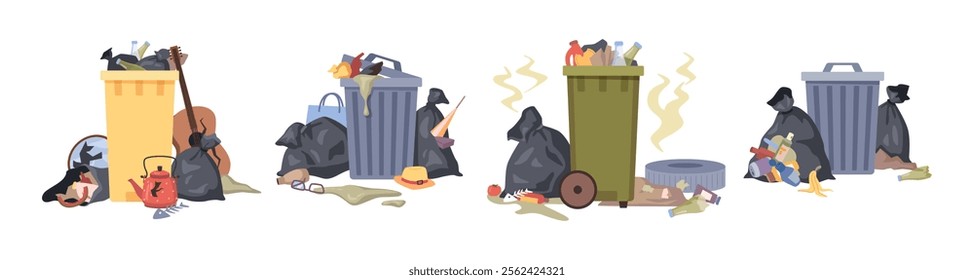 Discarded matters or rotting wastes. Vector isolated plastic garbage containers with unsorted trash. Rubbish bag that smells ugly and started to decompose. Ecology and environment concept