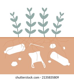 Discarded plastic garbage landfill on underground with grass tree, concept soil polluted flat vector design.