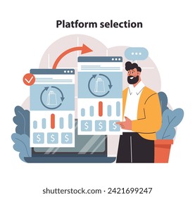 A discerning businessman analyzes metrics on multiple screens, making strategic platform selection for optimized native advertising campaigns.