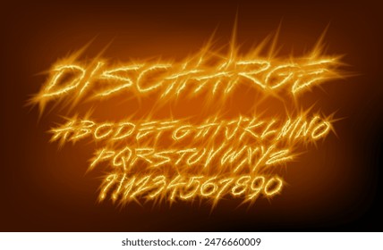 Discharge alphabet font. Bright neon glowing letters and numbers. Stock vector typeface for your design.