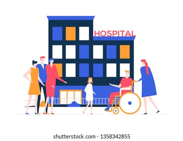 Discharge from the hospital - colorful flat design style illustration on white background. A composition with a young man, patient with a broken leg in a wheelchair, a doctor. Family meeting him