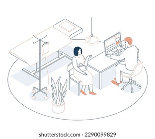 Discharge a patient - modern line design style isometric illustration on white background. Composition with girl at the doctors appointment. Hospital bed, dropper, emergency room, health care