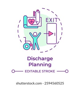 Discharge planning multi color concept icon. Patient leaving healthcare facility. Hospital bed management. Round shape line illustration. Abstract idea. Graphic design. Easy to use in brochure