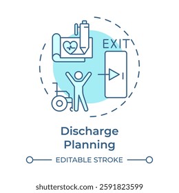 Discharge planning soft blue concept icon. Patient leaving healthcare facility. Hospital bed management. Round shape line illustration. Abstract idea. Graphic design. Easy to use in brochure