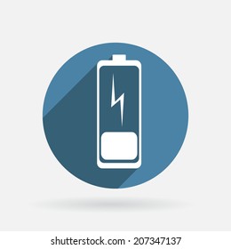discharged battery. Circle blue icon with shadow.