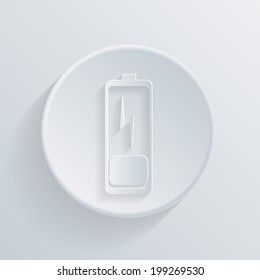 discharged battery, circle white paper icon with a long shadow.