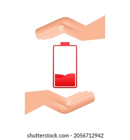 Discharged battery with hands. Set of battery charge level indicators. Vector illustration.