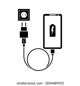 Discharged battery on the phone screen. Low battery. Charging the phone. Connect to the electrical outlet. Vector illustration flat design. Isolated on background.