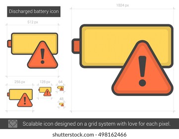 Discharged battery vector line icon isolated on white background. Discharged battery line icon for infographic, website or app. Scalable icon designed on a grid system.