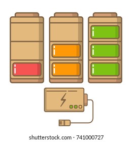 Discharged and charged battery.Scale steppe level indicators charge.The accumulator for smart phones,tablets and digital devices.A design element for info graphic in flat style with contour.Power bank