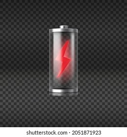 Discharged empty battery glowing with red light charging status indicator isolated on transparent background. Realistic glass power battery. 3d vector illustration