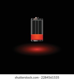 Discharged empty battery glowing with red light charging status indicator isolated on black background. Realistic glass power battery. 3d vector illustration.