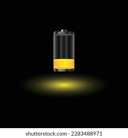 Discharged empty battery glowing with yellow light charging status indicator isolated on black background. Realistic glass power battery. 3d vector illustration.