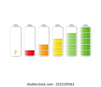 Discharged and fully charged battery. Battery charge indicator icons. Phone battery charging level. Set of color charge power. Battery charge from empty to low. Vector Illustration isolated on white 