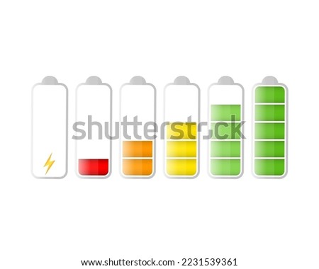 Discharged and fully charged battery. Battery charge indicator icons. Phone battery charging level. Set of color charge power. Battery charge from empty to low. Vector Illustration isolated on white 