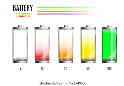 Discharged and fully charged battery. Charging process. Battery charge status. Different states of charged. Isolated on black background. Vector.