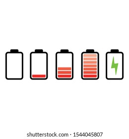 Discharged and fully charged battery device. Set of battery charge level indicators. Vector illustration