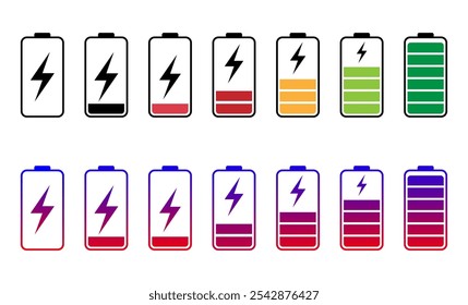 Ícones de bateria descarregada e totalmente carregada. Carga da bateria de baixa para alta. Ilustração vetorial dos símbolos indicadores de carga da bateria.