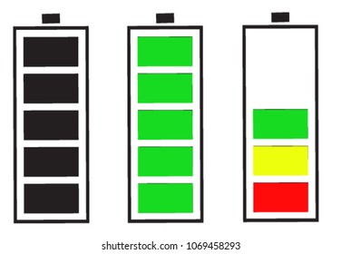 The discharged and fully charged battery packs are vector infographics. Isolated over white background