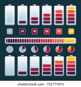 Discharged and fully charged battery. 
Set of battery charge level indicators. 
Vector infographic.
