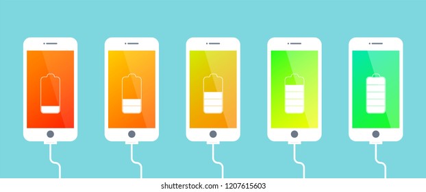 Discharged and fully charged battery smartphone. Set of smartphones with battery charge level indicators and with USB connection.