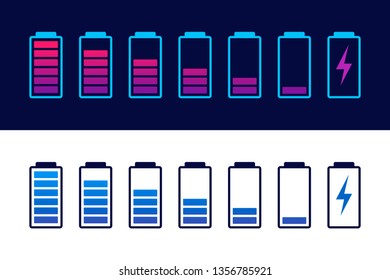 Discharged and fully charged battery smartphone. Set of battery charge level indicators. Icon isolated on black and white background. Vector infographic.