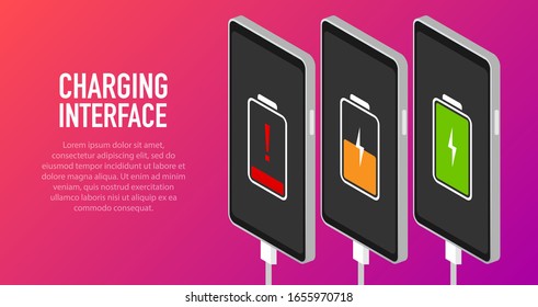 Discharged and fully charged battery smartphone - vector infographic. Isolated on pink background.