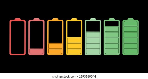 Discharged and fully charged battery smartphone. Vector illustration. Set of battery charge level indicators. Icon isolated on black background.