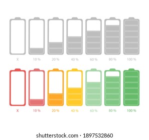 Discharged and fully charged battery smartphone. Vector illustration. Set of battery charge level indicators. Icon isolated on white background.