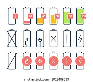 Discharged and fully charged battery smartphone. Set of battery charge level indicators. Vector infographic. Charging Indication, Level Or State