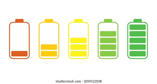 Discharged and fully charged battery smartphone. Set of battery charge level indicators.