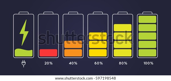 Discharged and fully charged battery\
smartphone.  Set of battery charge level indicators.  Icon \
isolated on black background. Vector\
infographic.