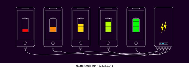 Discharged and fully charged smartphone battery. Set of smartphones with battery level indicators and USB connection 
to the charger. Icon isolated on dark purple background. Vector infographic
