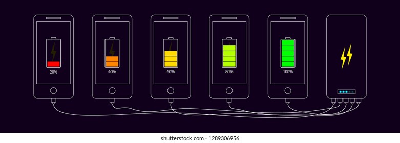 Discharged and fully charged smartphone battery. Set of smartphones with battery level indicators and USB connection 
to the charger. Icon, isolated on black background. Vector infographic.