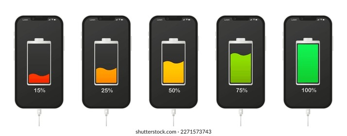 Batería de smartphone descargada y totalmente cargada. Conjunto de indicadores de nivel de batería. Signo de energía de carga inalámbrica. Conjunto de acumuladores de electricidad. De cero a cien por ciento. Ilustración del vector