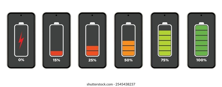 Discharged and fully charged smartphone battery. Set of battery level indicators. From zero to one hundred percent.