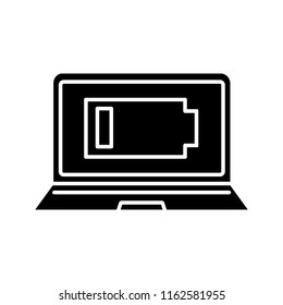 Discharged laptop glyph icon. Computer low battery. Notebook battery level indicator. Silhouette symbol. Negative space. Vector isolated illustration