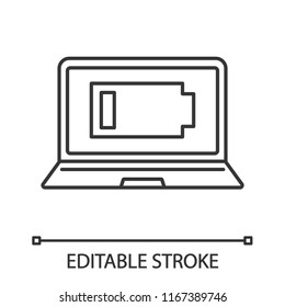 Discharged laptop linear icon. Computer low battery. Thin line illustration. Notebook battery level indicator. Contour symbol. Vector isolated outline drawing. Editable stroke
