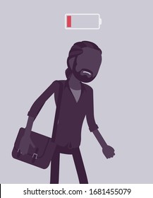 Discharged man, low power battery. Empty weary guy, feeling very tired, fatigued after working, extremely bored unmotivated employee lack of energy, enthusiasm. Vector illustration, faceless character