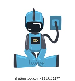Discharged Robot Replenishing its Supply of Energy, Artificial Intelligence Concept Cartoon Style Vector Illustration