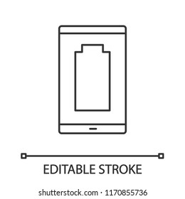Discharged smartphone linear icon. Mobile phone low battery. Thin line illustration. Empty battery level indicator. Contour symbol. Vector isolated outline drawing. Editable stroke