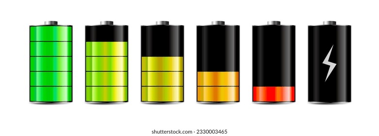 Batería de energía descargada y de varios cinco niveles conjunto infográfico de baterías de energía, realista colorido, aislado en fondo blanco. Conjunto de acumuladores de energía eléctrica. Ilustración del vector